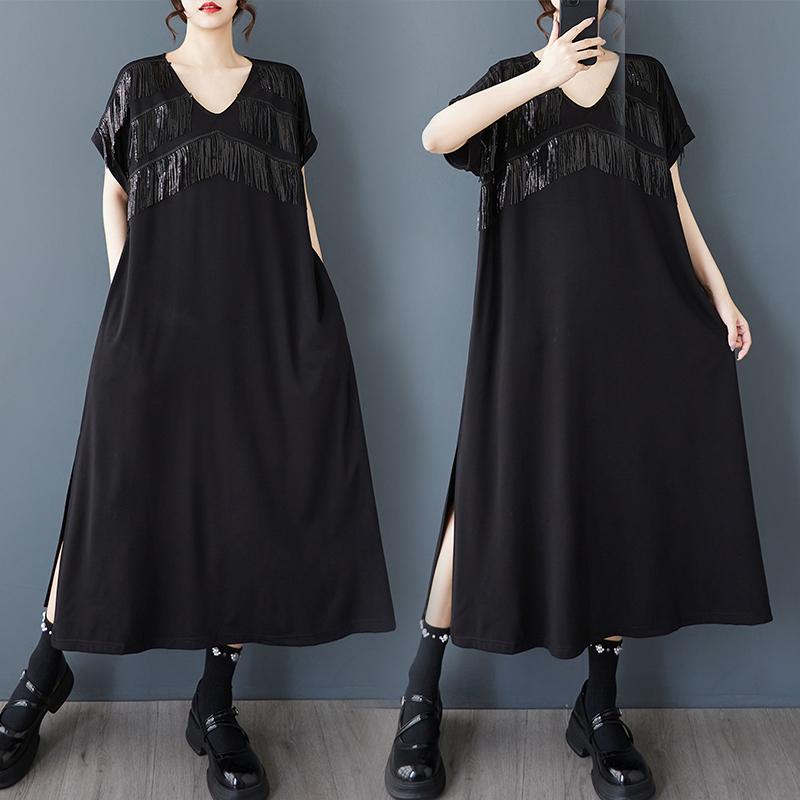 Dimanaf New 2025 Plus Size Summer Dress Women Black Vintage Casual V-Neck Dress Loose Dress Maxi