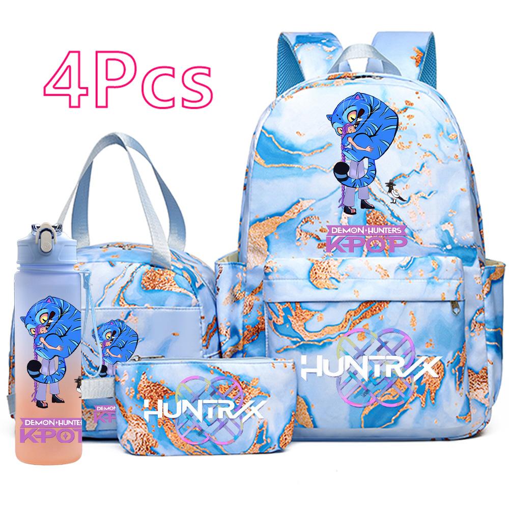 4Pcs/set Anime K-Pop Demon Hunters Printed Backpack Handbag Pencil Case with 750Ml Water Bottler for Teenager Boy Girl Large Capacity Schoolbag