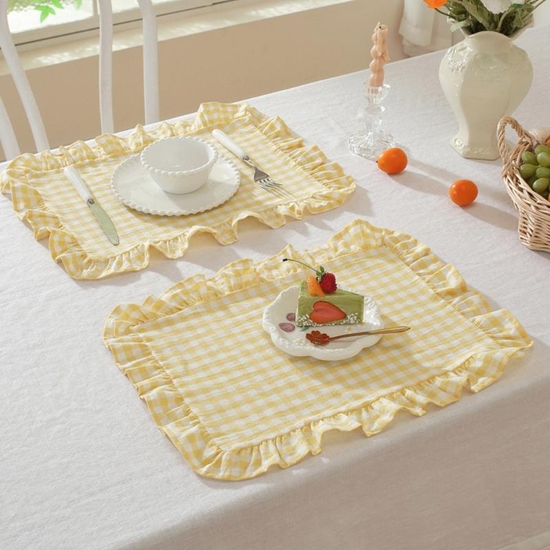 French Design Cloth Placemat Ruffle Edges Gingham Plaids Washable Table Mat For Banquets Wedding Parties Home Decors