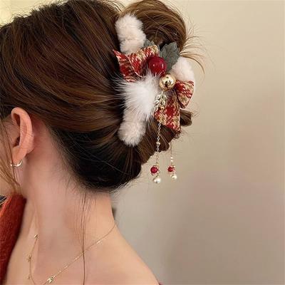 Fashion Elegant New Year Red Plush Hair Claw Women's Back of Head Bow Clip Large High-end Shark Clip Headwear Hair Accessories