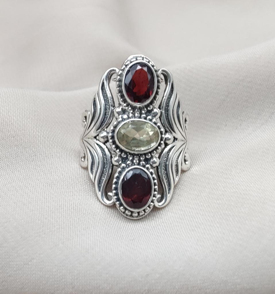 Garnet & Lemon Quartz 925 Sterling Silver Ring: Vintage Boho Statement Jewelry