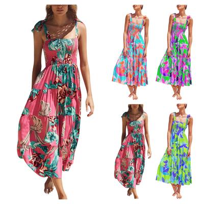 Summer Women's Beach Vacation Style Suspender Straps Backless Print Sleeveless Collarless Mid-waist Long Dress