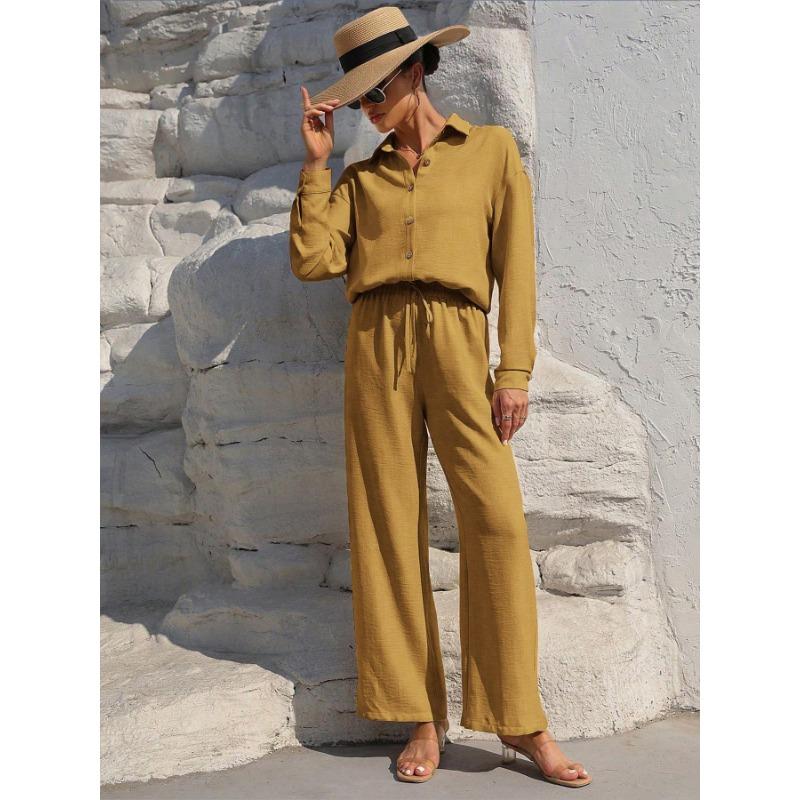 Women's Fashion Solid Color Collar Button Long Sleeve Top Elastic Waist Straight Pants Casual Set
