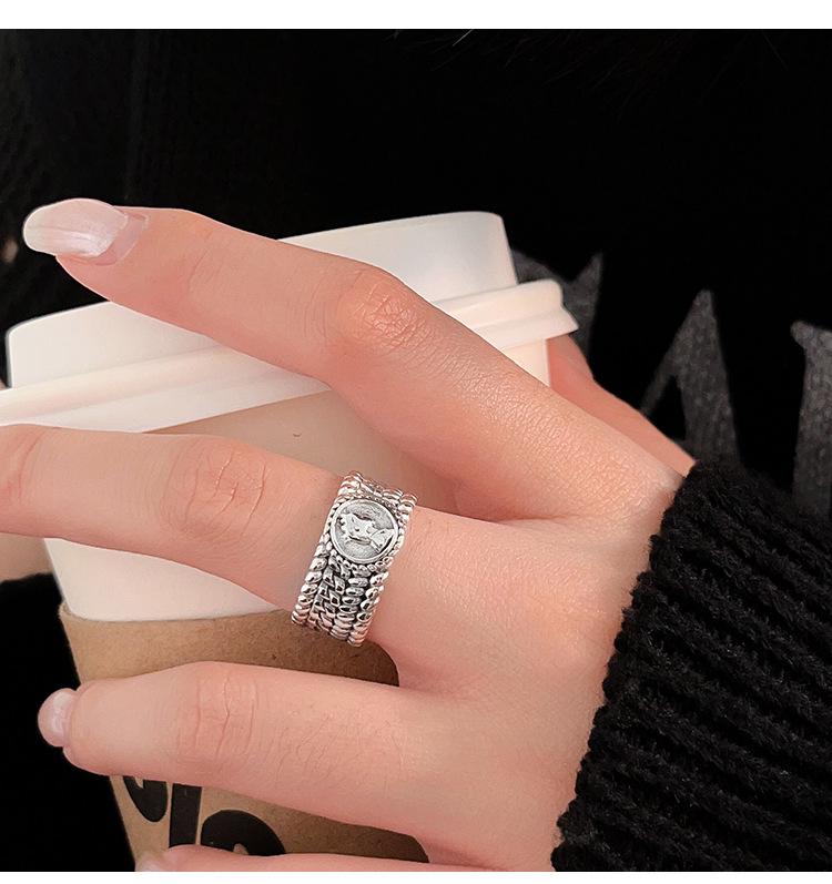 Yinruitai S925 Sterling Silver Wide Band Ring: Women's Retro Fashion Open Finger Ring, Trendy Index Finger Accessory.