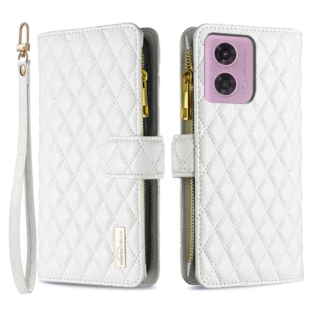 BINFEN COLOR BF Style-15 For Motorola Moto G45 5G/G34 5G Wallet Phone Case Grid Imprinted Cover Zipper Pocket
