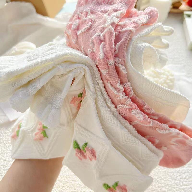 5 Paar Niedliche Spitze Mittelhohe Socken Damen Lolitajk Rüschen Harajuku Stil Herbst Winter Weich Vielseitig Modisch Mädchen Socken