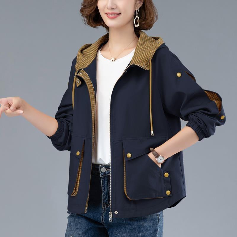 Women Hooded Casual Windbreaker Spring Autumn Fashion Loose Long Sleeve Trench Coat Solid Color Pockets Jackets