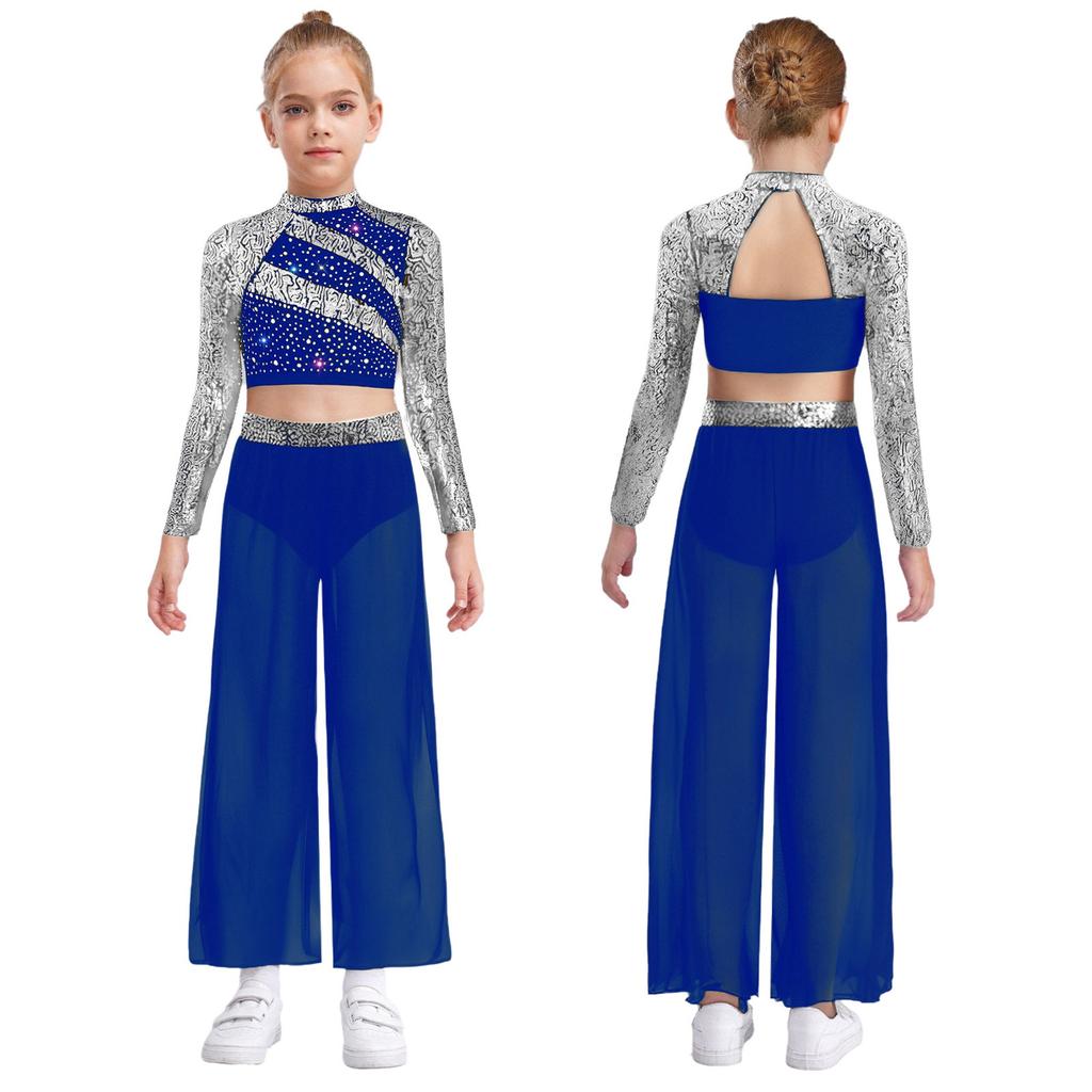 Kids Girls Dance Costume Two-Piece Set Mock Neck Long-Sleeved Sequins Cutout Back Press Button Crop Top with Flowing Chiffon Overlay Wide-Leg Side Sli