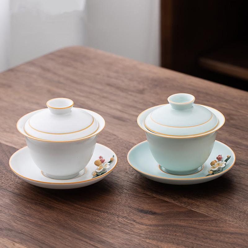 150ml Chinese High Grade Ceramic Gaiwan Teacup Handmade Flower Pattern Tea Tureen Travel Tea Bowl Household Teaware Accessories