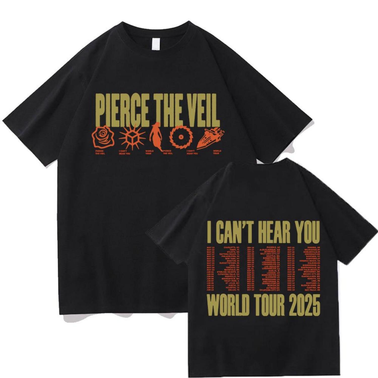 

PIERCE THE VEIL Футболка с символами I Can t Hear You World Tour Дата Оверсайз Женская Мужская Уличная Одежда Летняя Хлопковая Футболка Унисекс Футболки S чёрный