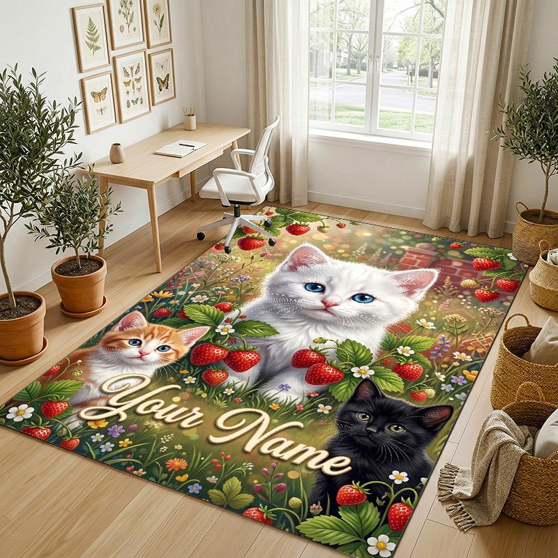 Cat Theme Crystal Velvet Rug Personalized Custom Name Text Soft Floor Mat Home Decor