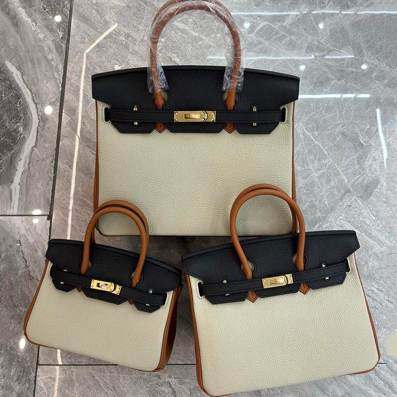 Cross-border Lychee Pattern Color Matching Platinum Bag Cowhide Women's Bag Contrasting Color Handbag Large Capacity Shoulder Crossbody Wedding Bag