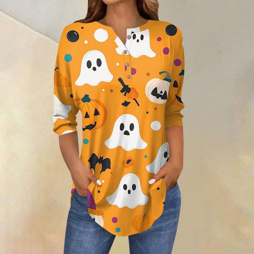 Women's Fashion Loose Button Collar Halloween Print Long Sleeve T-Shirt Top Pullover