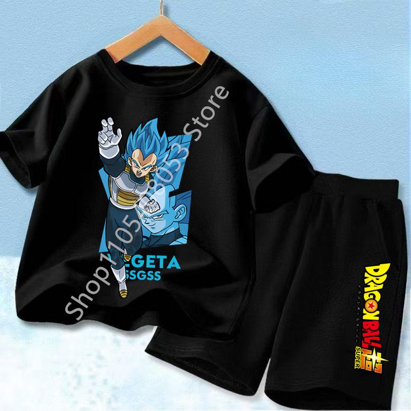 Dragon Ball Son Goku Anime T-shirt Set Kids Short Sleeve Pocket Shorts Ventilate 2-piece Set Boys Girls Cartoon Clothing