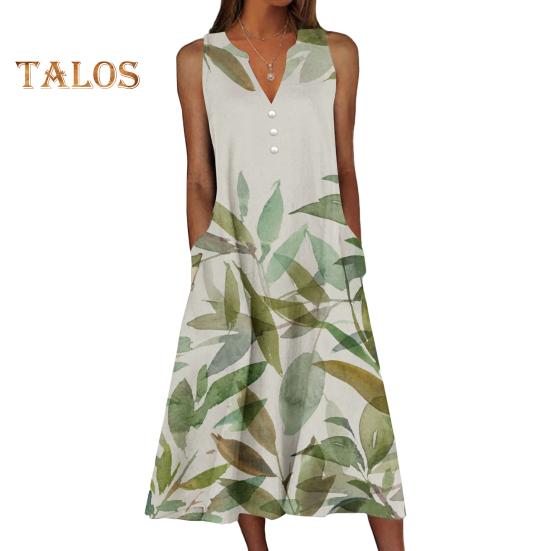 

Женское платье миди с цветочным принтом, летнее платье-майка с коротким рукавом и лацканами, повседневное свободное платье длиной до колена S зелёный