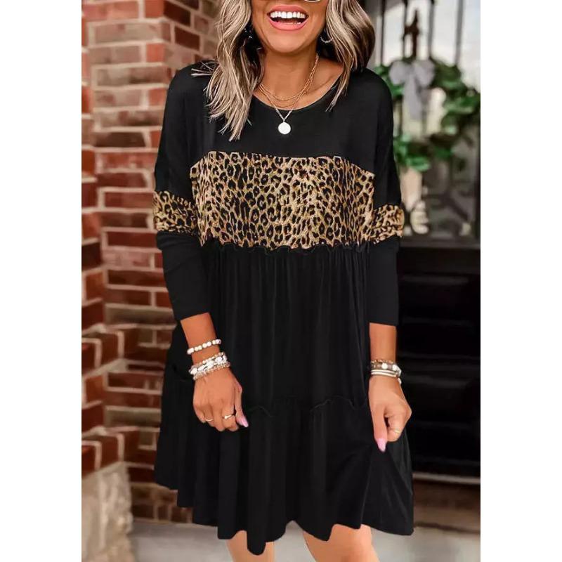 

DAFIFY Women s Fashion Spring Fall Leopard Print Long Sleeve O-Neck Loose Waistline Casual Dresses S