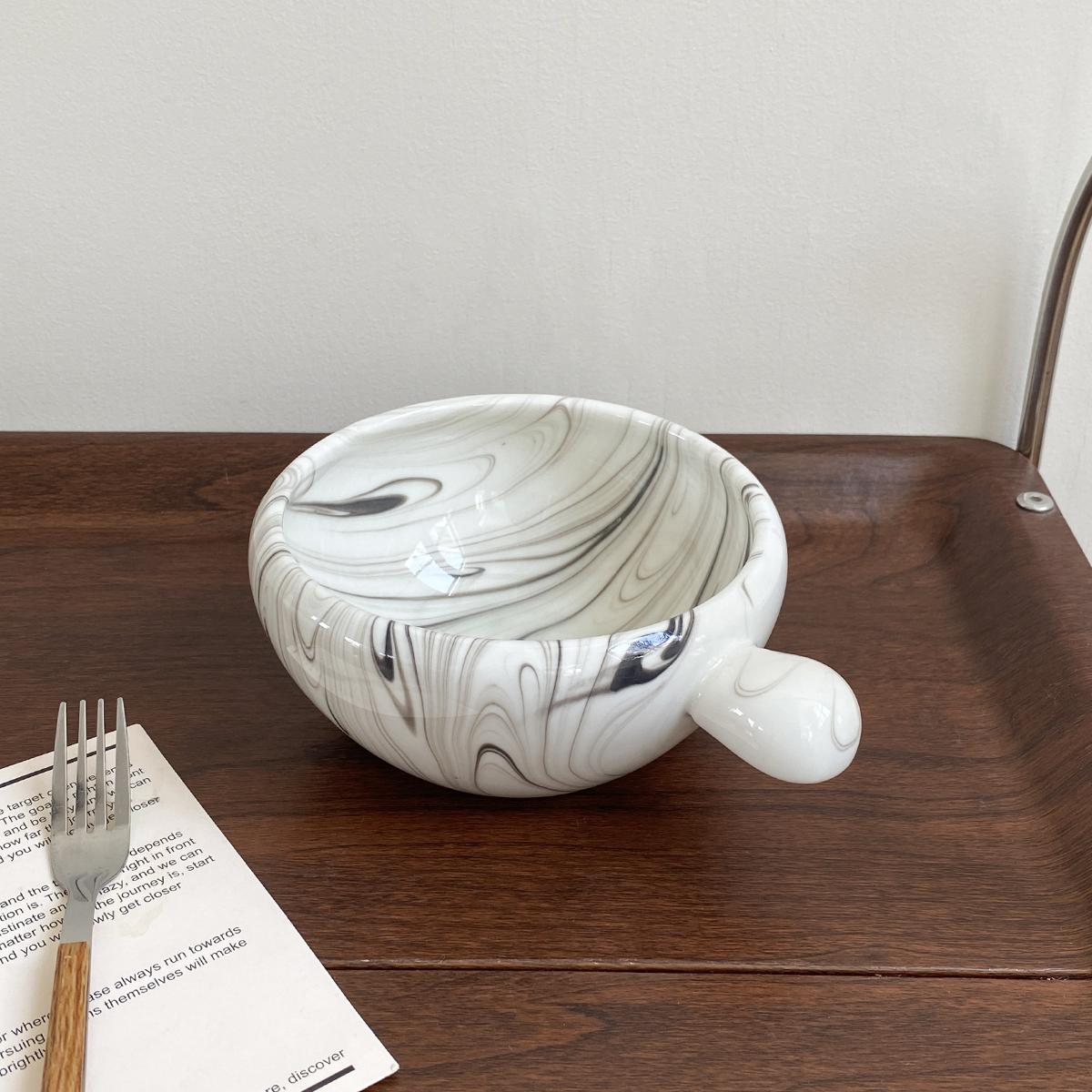 1Pc Creative Patterned Random Ink-Patterned Ceramic Bowl, Round Handle Salad Yogurt Bowl, Exquisite and Elegant Ink-Colored Ice Cream Bowla серый