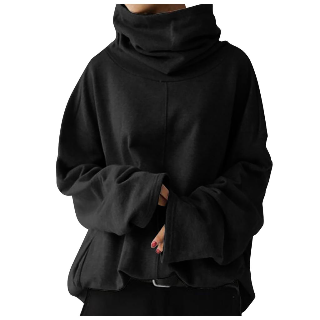 Women's Loose Casual Long Sleeve High Collar Pullover Color Pocket Sweater