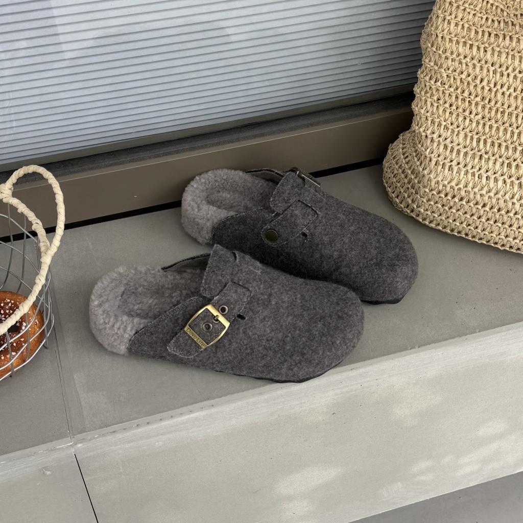 2025 Winter New Leather Retro Thick-soled Heightening Versatile Casual Slippers Women's Thickened and Hairy Low-top Birkenstocks