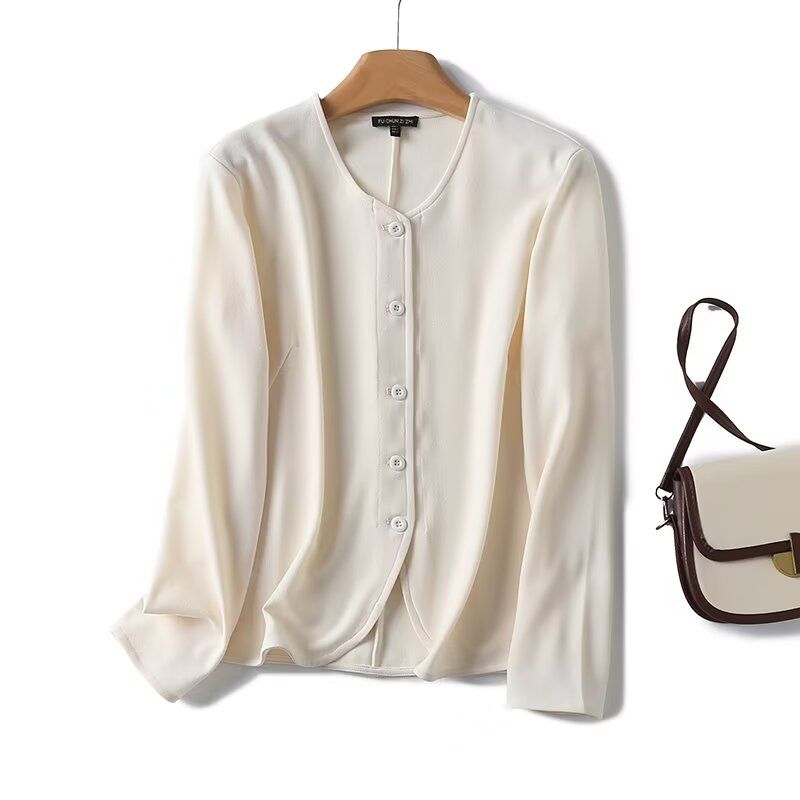 

MD Women s New Chinese Clean Fit Slim-Fit Button Decorative Texture Textile Shirt 05112666712 Beige White L