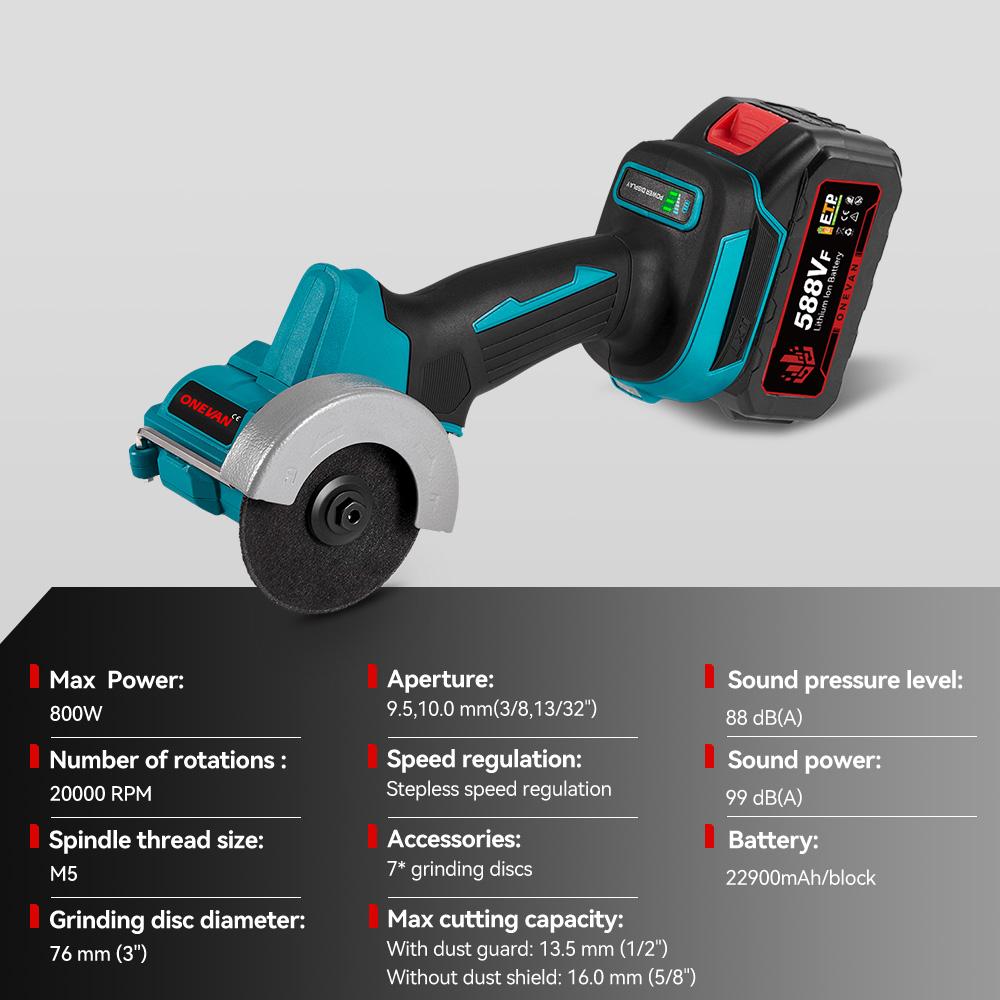 ONEVAN Brushless Angle Grinder 76mm Speed Variable Cordless Electric Grinding Cutting Woodworking Tool For Makita 18V Battery