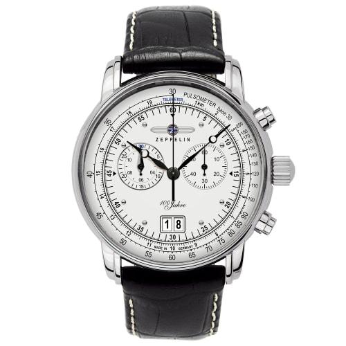 Graf Zeppelin Chronograph Big Date Watch with 12-Hour Counter and Leather Strap 7690-1, Black, Casual.