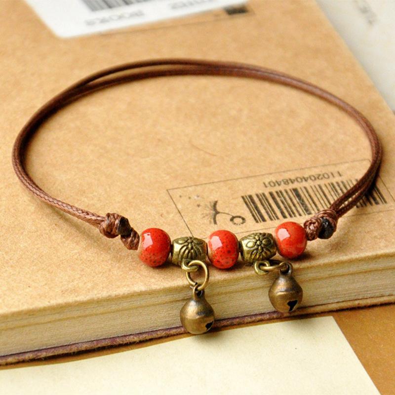 Blue Ceramic Brown Rope Anklet Women Girls Hand-Woven Beaded  Jewelry