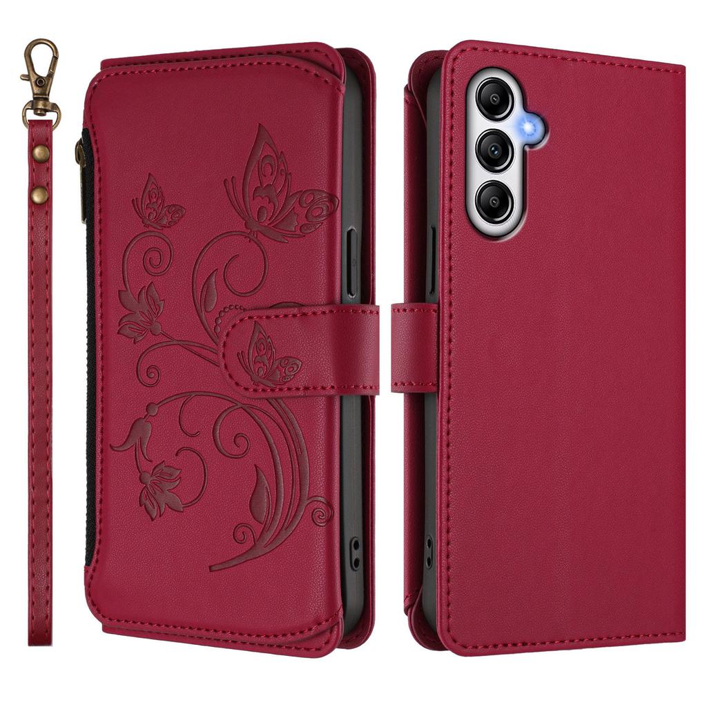 For Samsung Galaxy A56 5G/Galaxy A36 5G Leather Case Butterfly Floral Imprint Zipper Wallet Stand Cover with Wrist Strap