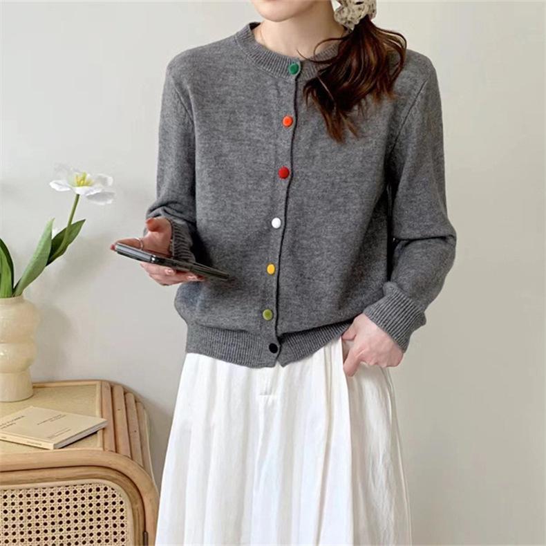 Temperament elegant round neck long sleeve soft waxy knitted cardigan women's autumn and winter new color single-breasted sweater jacket