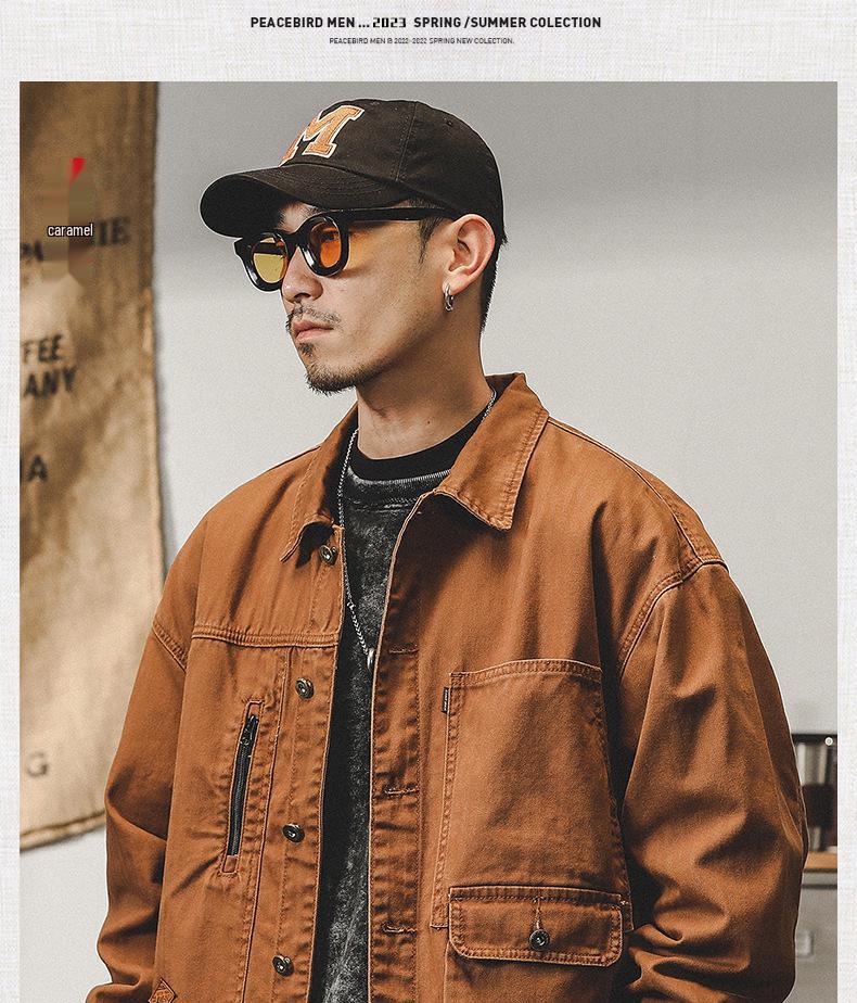Men's Autumn Loose Fit Cotton Workwear Jacket - Trendy, Multi-Pocket, Plus Size, Casual Lapel Top