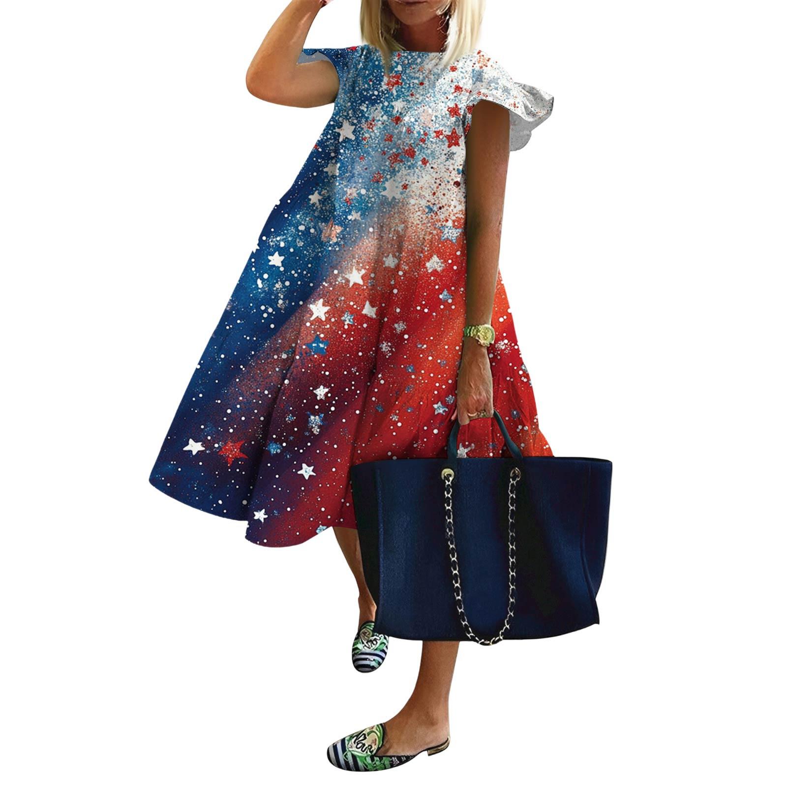 

Women s Fashion Casual Loose Round Neck Ruffle Sleeve Independence Day Printed Dresses S