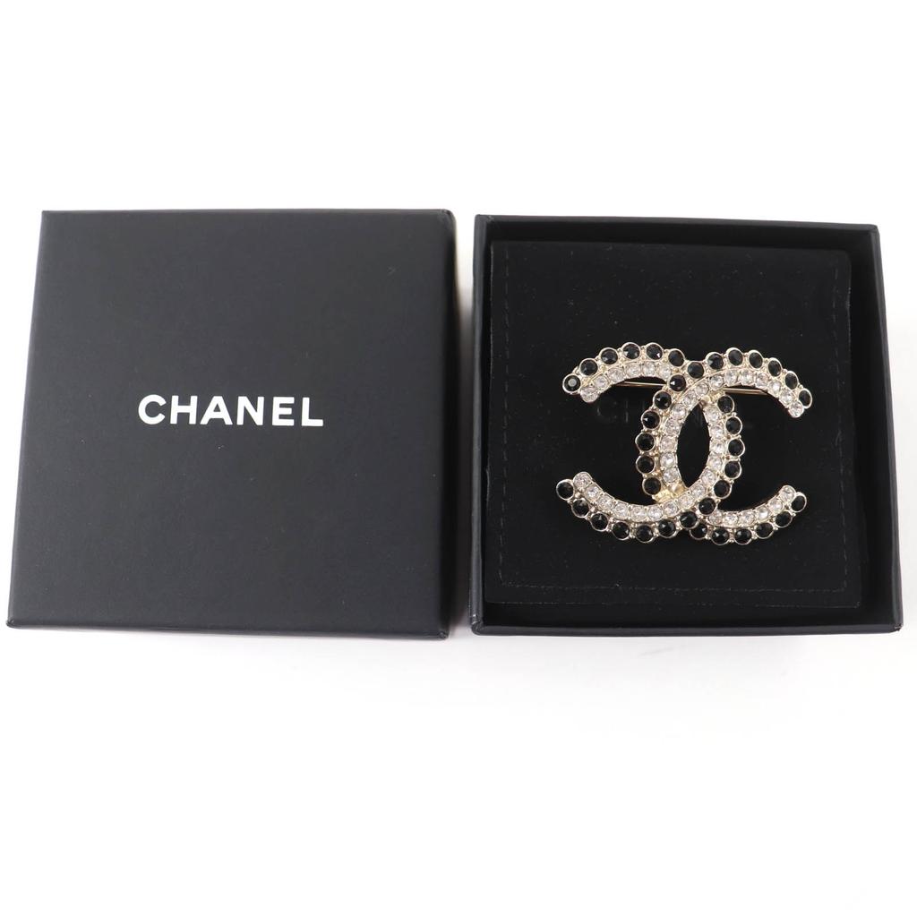 Excellent CHANEL Brooch COCO Mark Black Stone Clear Stone Large Size Gold A22B Used