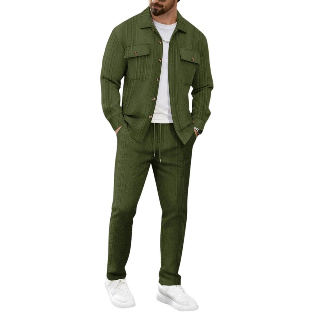 Men's Double Pocket Lapel Jacket Casual Sports Long Sleeve Jacket Pants Set