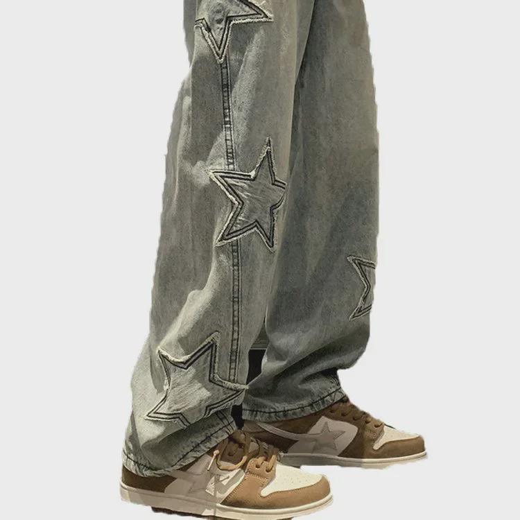 Men's Blue Star Patch Loose Straight-Leg Jeans - High Street Summer Fashion