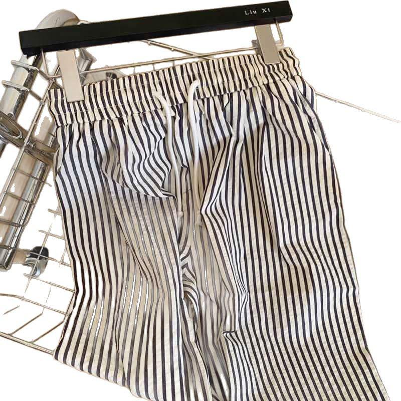 Women's Petite Retro Striped Wide-Leg Pants - Summer Casual Slimming Straight-Leg Style