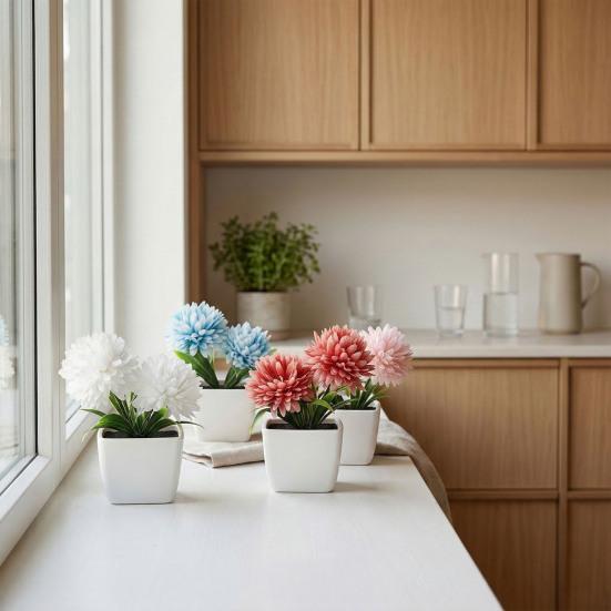 Fake Chrysanthemums Ball Flower In Pot Mini Artificial Potted Plants for Home Indoor Office Farmhouse Table Decor