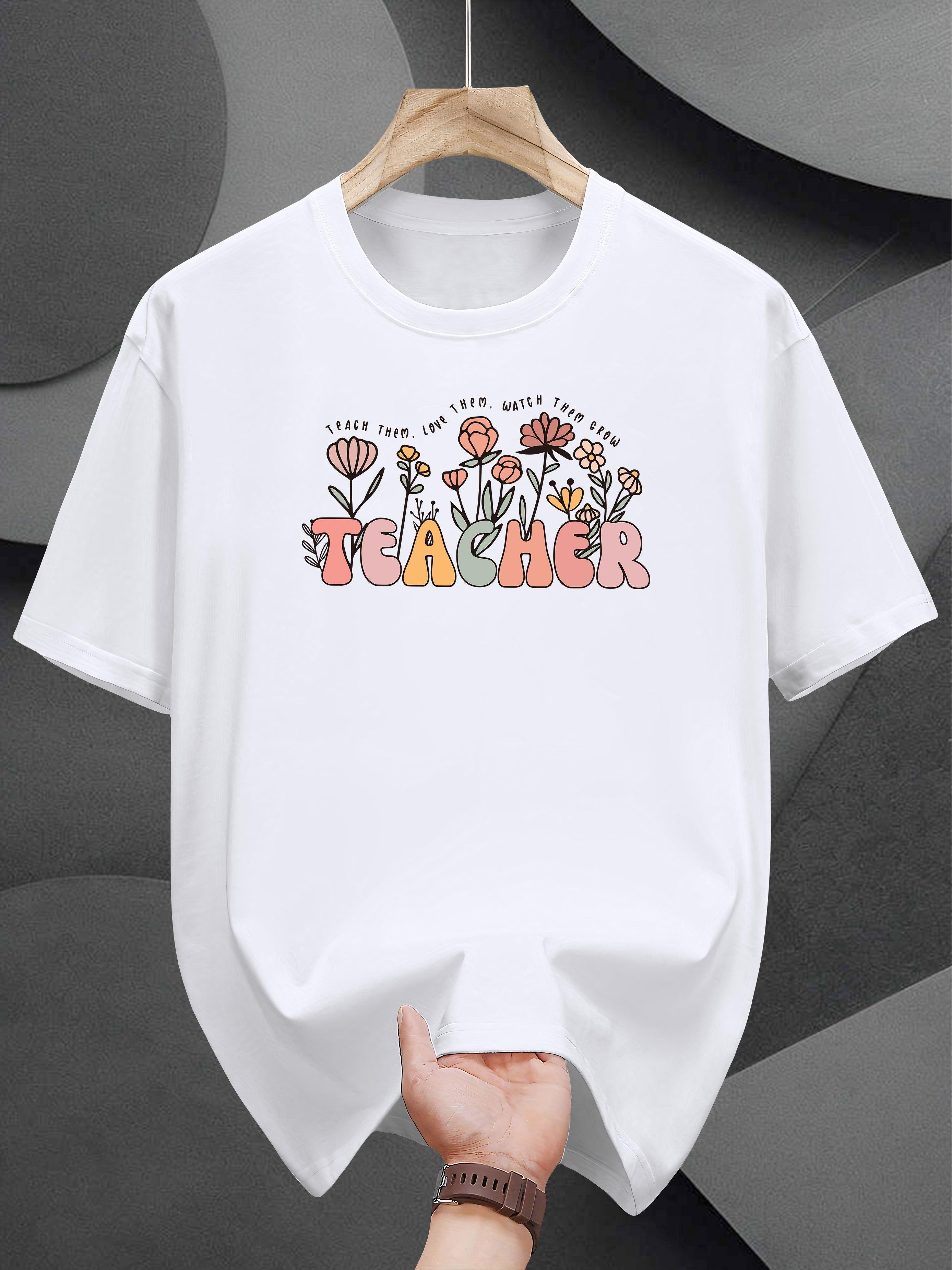 100% T-shirt with Floral & TEACHER Graphic Print - Casual Summer Round Neck Tee for Adults XL