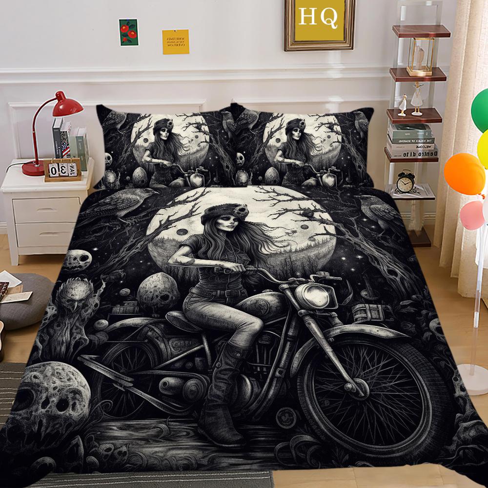 3D Beauty Skull Tisk Přehozy na postel King Size Polyester Povlak Set Design Špičkový bytový textil