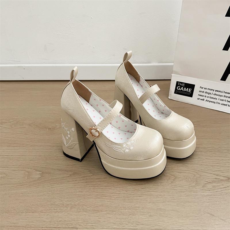 Fashion Women's Thick Heel Shoes Autumn New Round Head Shallow Mouth Embroidery Thick Sole Anti-slip Wear-resistant High Heels