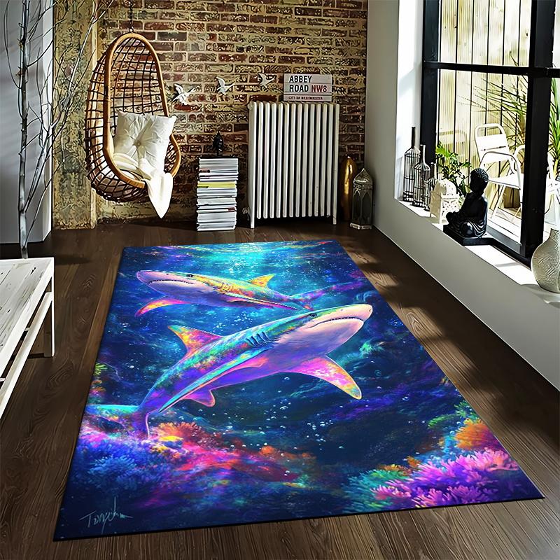 Colorful Sharks Underwater Scene Carpet with Vibrant Coral Design Suitable for use as an anti-slip for living room bedroom sofas