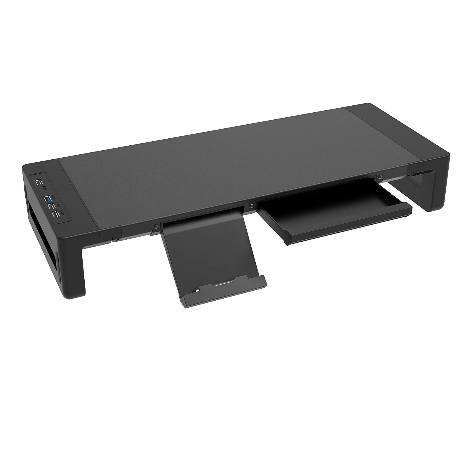 Monitor Stand Riser, with USB3.0 Foldable, Height Adjustable Computer Stand, Desk Shelf Riser with Storage Drawer & Tablet Phone