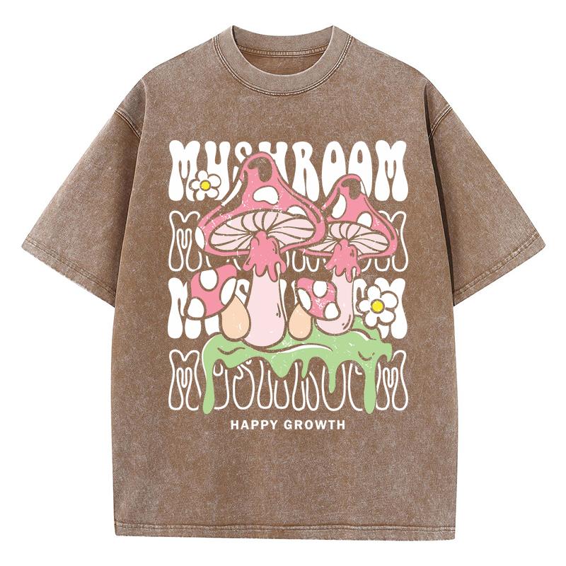 Creative Mushroom Letter Print Women Washed T-Shirt O-Neck Casual T Shirts Cotton Soft Clothes Loose Short Sleeves
