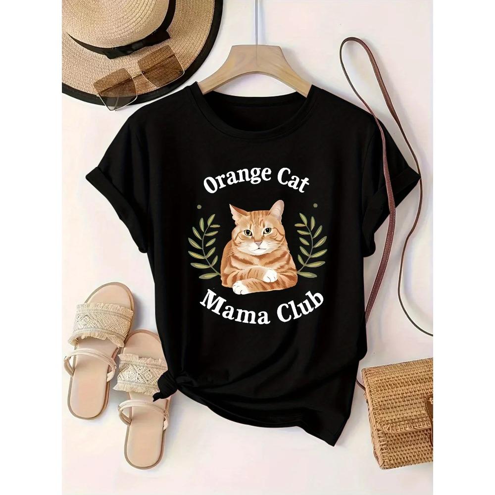 Cute Orange Tabby Cat Club Printed Summer T-shirt Top for Women Round Neck Short Sleeved Comfortable Casual Women's Clothing