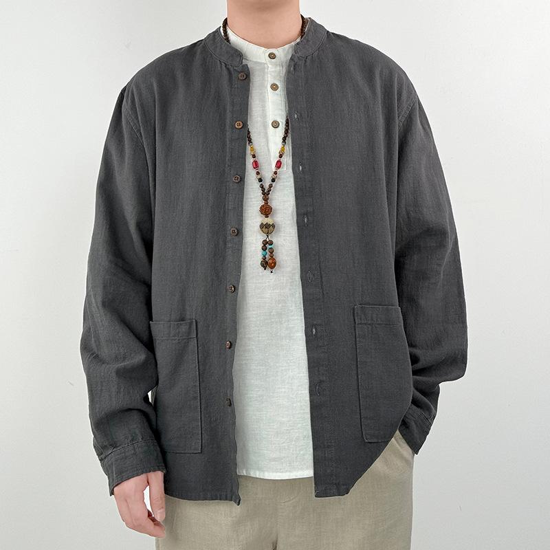 High End Linen Men's Cotton Linen Long Sleeved Shirt Ramie Casual Jacket Stand Up Collar Shirt