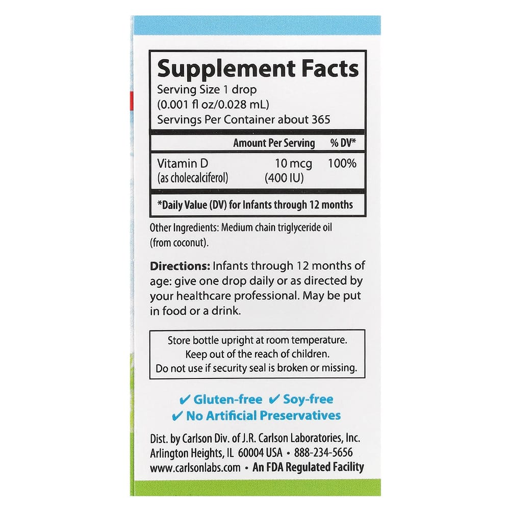 Carlson Labs Baby's Super Daily D3 10 mcg (400 IU) 0.35 fl oz (10.3 ml)
