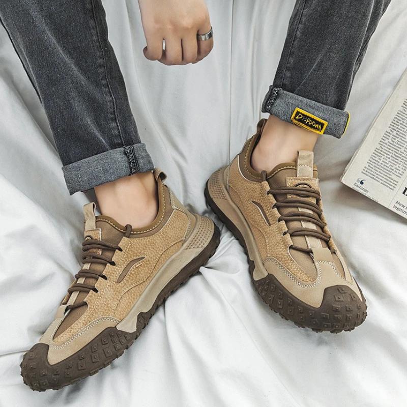 Outdoor Men Hiking Shoes Anti-slip Platform Men Sneakers Retro Leather Jogging Shoes Fashion Wear-resistant Trekking Shoes Male