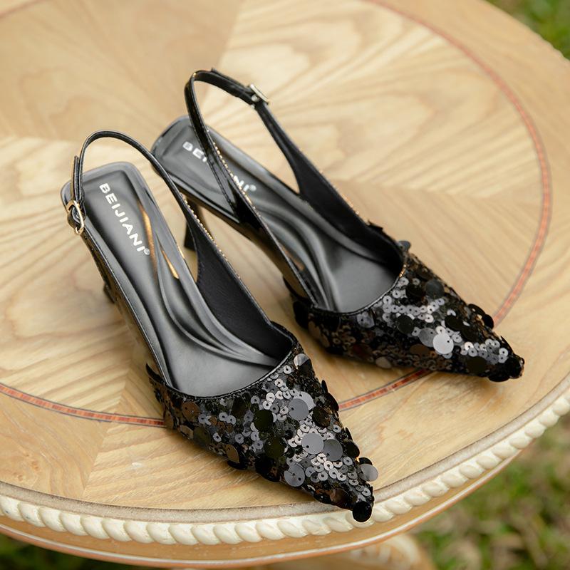 Splicing Sequins Buckle Bag Head Stiletto Sandals Women's Pointed High Heels Spring and Summer New Models