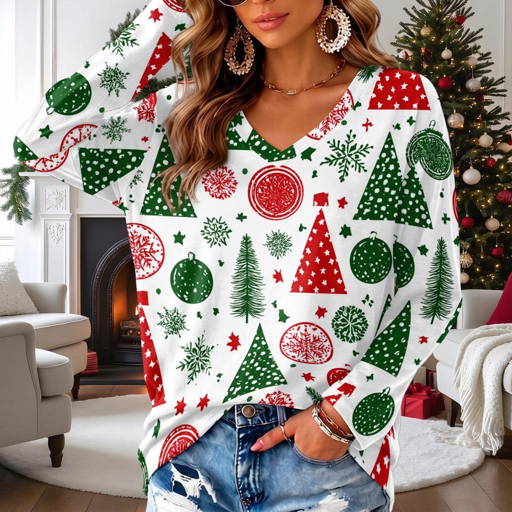 Women's V-Neck Long Sleeve Christmas Print Lightweight Blouse for Spring Summer