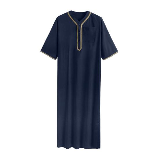 Men's Kaftan Robe Solid Color Mid-Sleeved Long Thobe V-Neck Abaya Prayer Clothing Ihram Robe