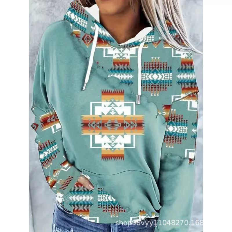 Womens Winter Hooded Sweatshirt Ethnic Print Loose Fit Long Sleeve Pullover Casual Oversized Top
